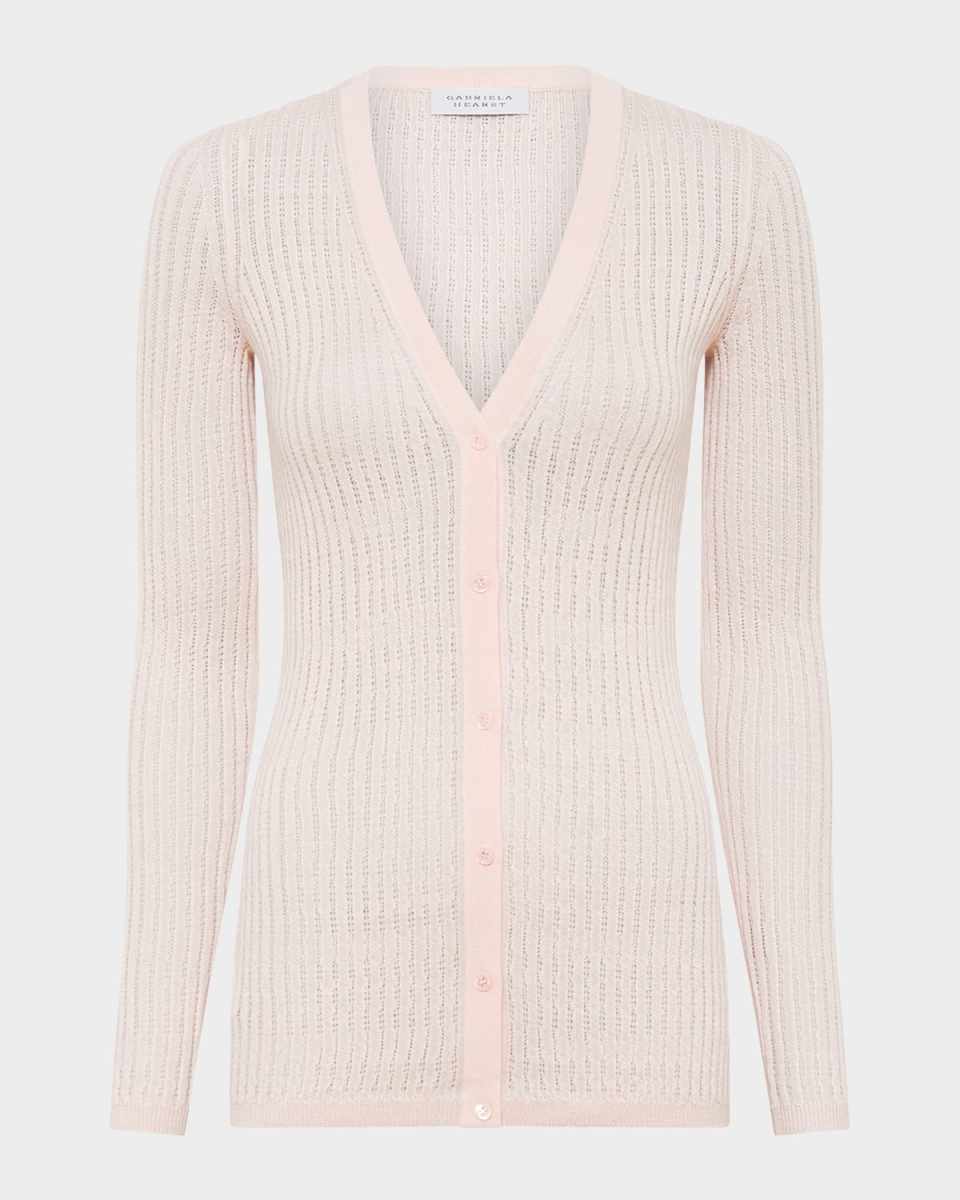 Emma V-Neck Cashmere-Silk Pointelle Knit Cardigan